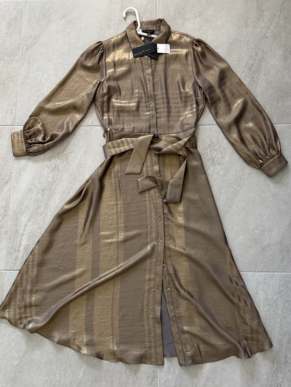 Metallic Bronze Midi Shirt Dress with Tie Waist